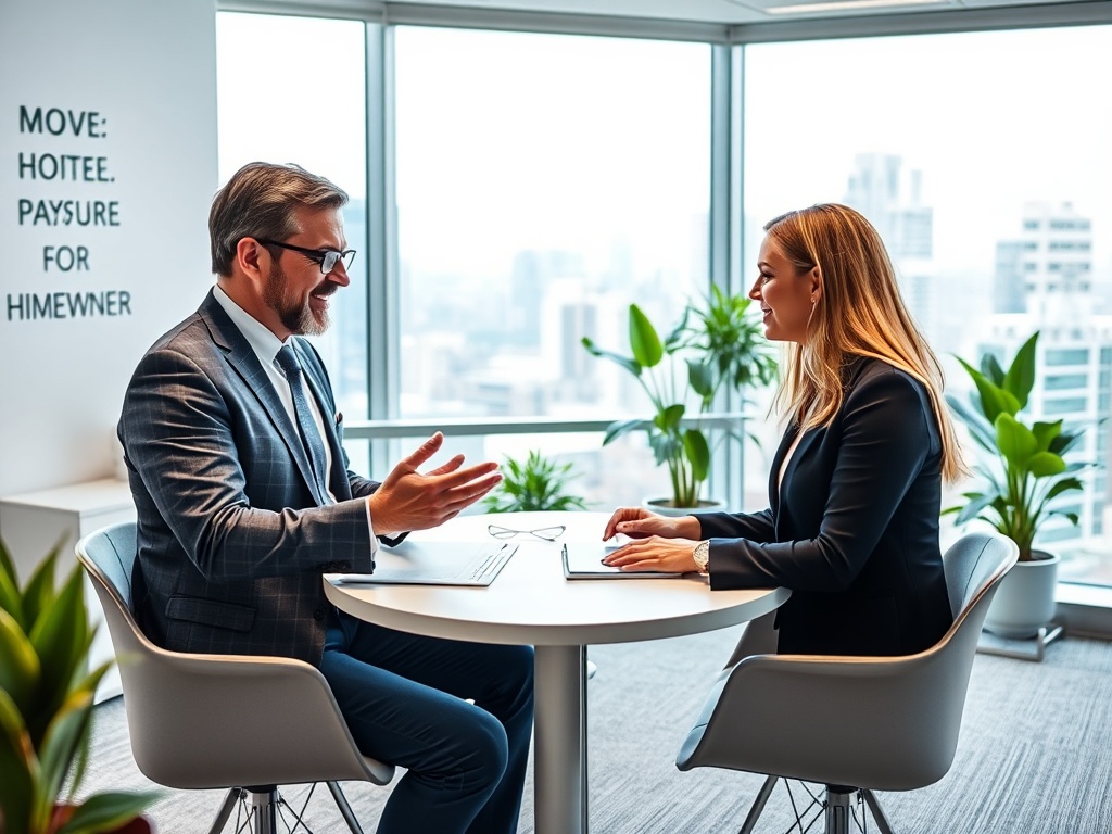 Два человека ведут беседу за круглым столом в офисе с большими окнами и зелеными растениями.