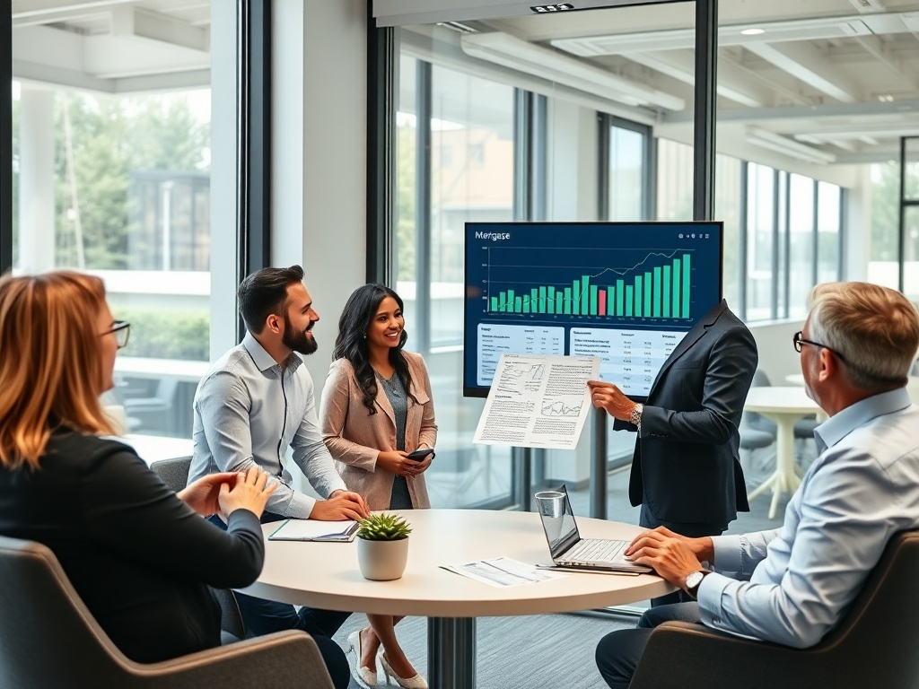 Команда обсуждает данные на встрече, один из участников показывает график на экране.