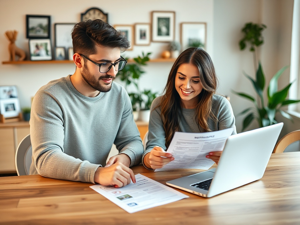 Молодая пара обсуждает документы за столом, рядом с ноутбуком и растениями в уютной обстановке.