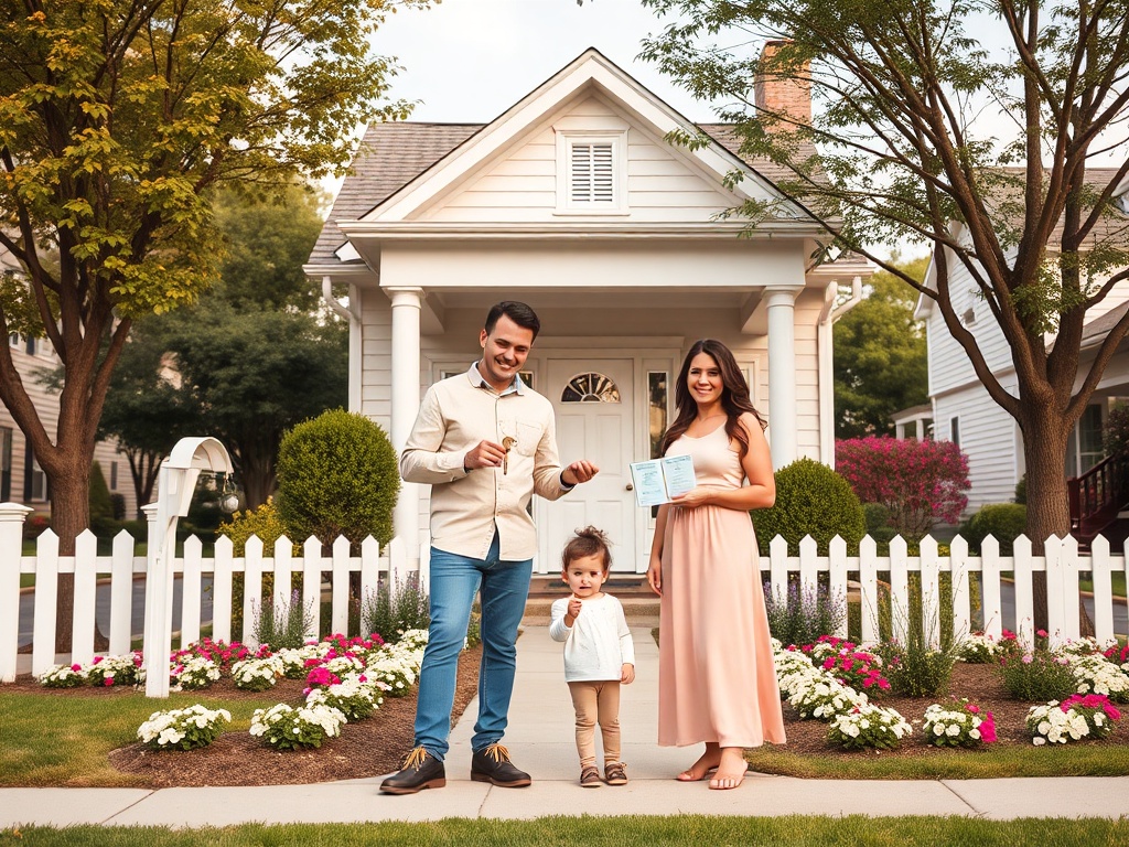 Семья радуется на фоне дома, держась за документы и улыбаясь, рядом с маленьким ребенком.