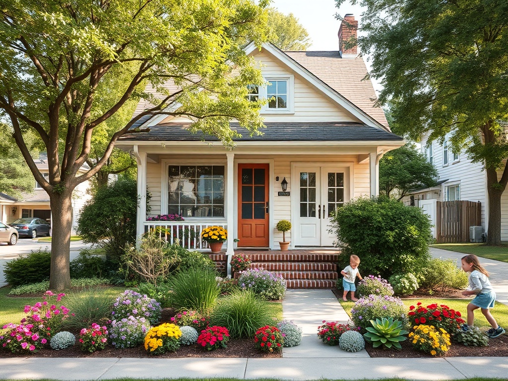 На картине — уютный дом с красивым садом, дети играют среди цветочных клумб и зелени.