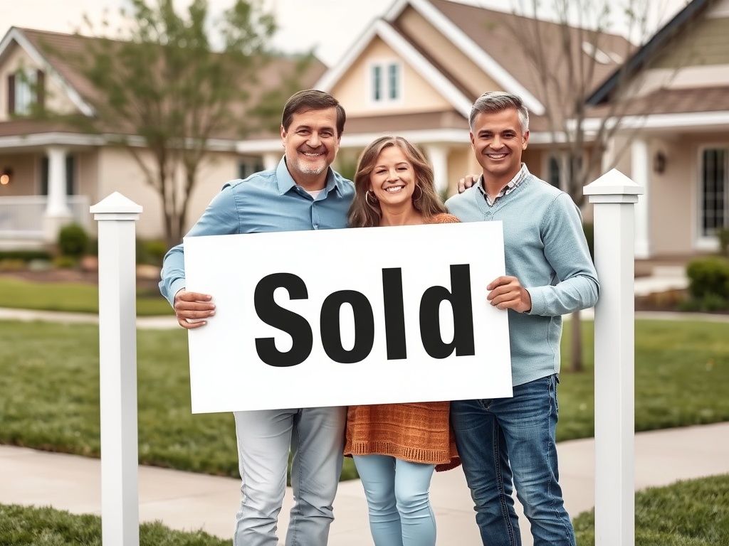 Три человека улыбаются, держат знак "Продано" на фоне красивого дома с зелёным газоном.