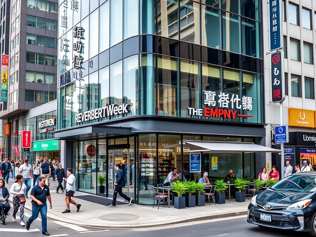 На улице оживленно, люди проходят мимо современного здания с вывесками на английском и китайском языках.