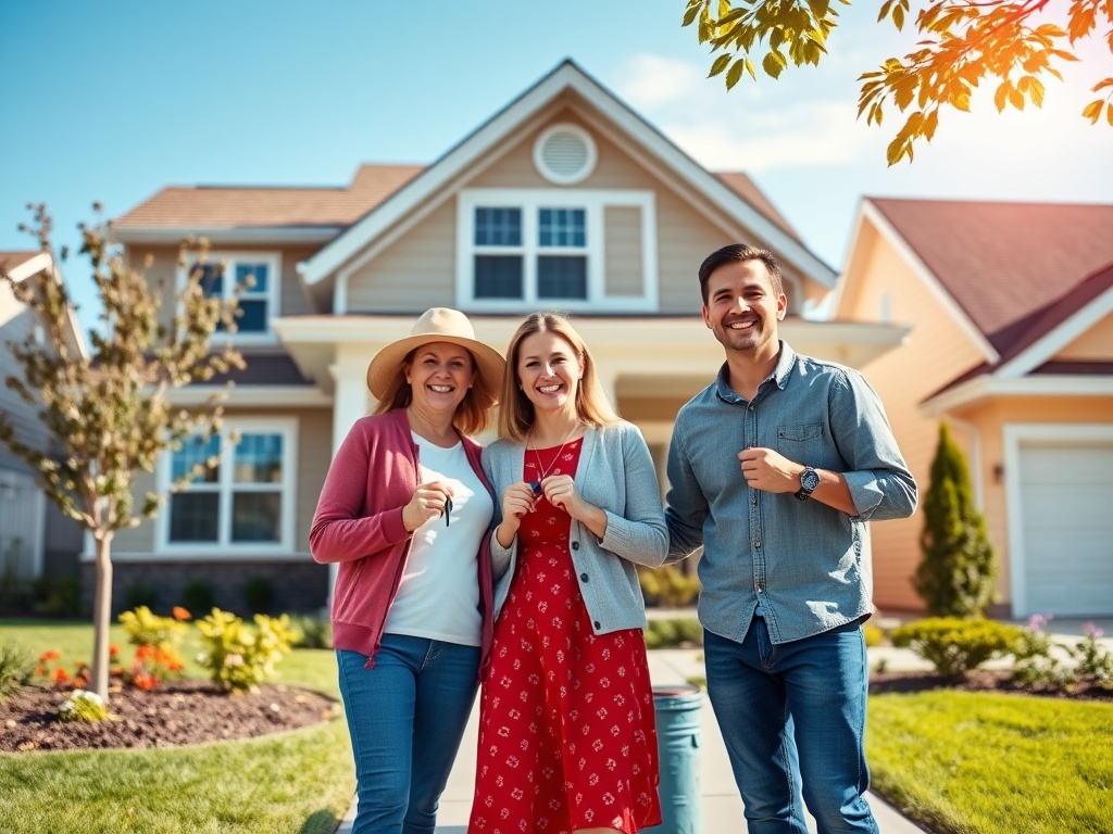 Трое друзей улыбаются на фоне красивого дома в солнечный день. Они выглядят счастливыми и довольными.