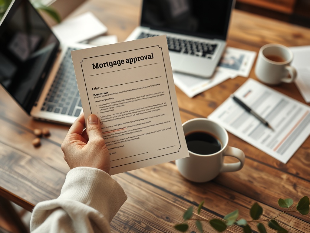 Документ с одобрением ипотеки, поданный на фоне ноутбуков и чашек кофе на столе.