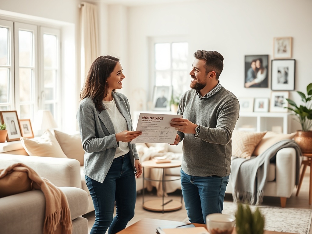 На изображении молодая пара обсуждает документы в уютной комнате. В руках у них удостоверение ипотеки.