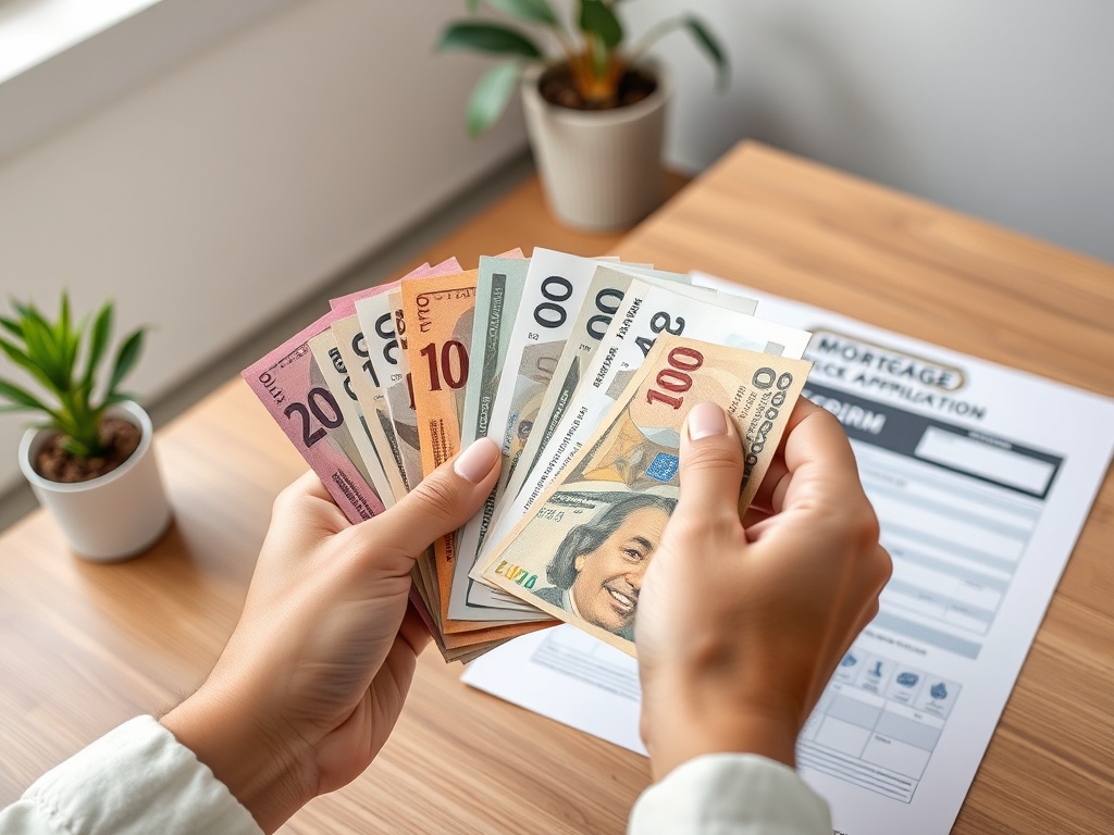 На столе лежат банкноты разных номиналов и заявление на ипотеку. Рука держит деньги.