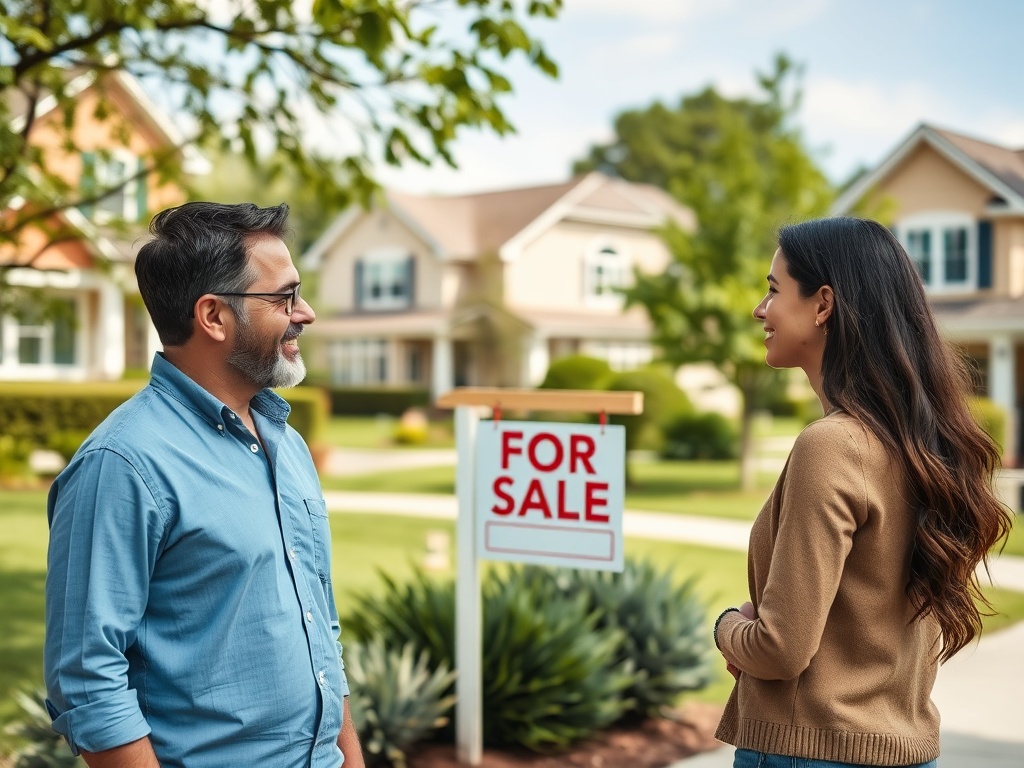 На фоне домов мужчина и женщина обсуждают продажу недвижимости у знака "Продается".